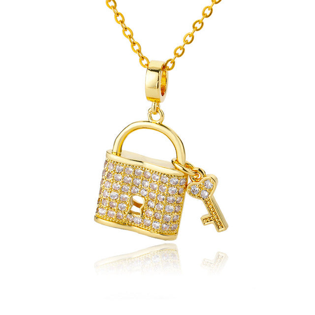 SOUVOIR 14K Gold Plated, Zirconia Necklaces Tuvalu Pendant Necklace | Gold Zirconia Lock & Key Chain