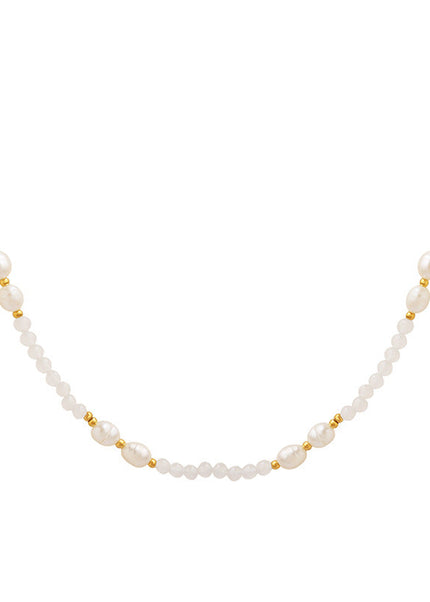 Winter new non-fading French retro personality stone freshwater pearl pendant titanium steel gold-plated beaded necklace jewelry