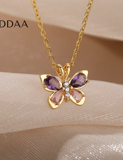 Valentine Pendant Necklace | Gold Purple Stone Butterfly Chain - Gold - Necklaces