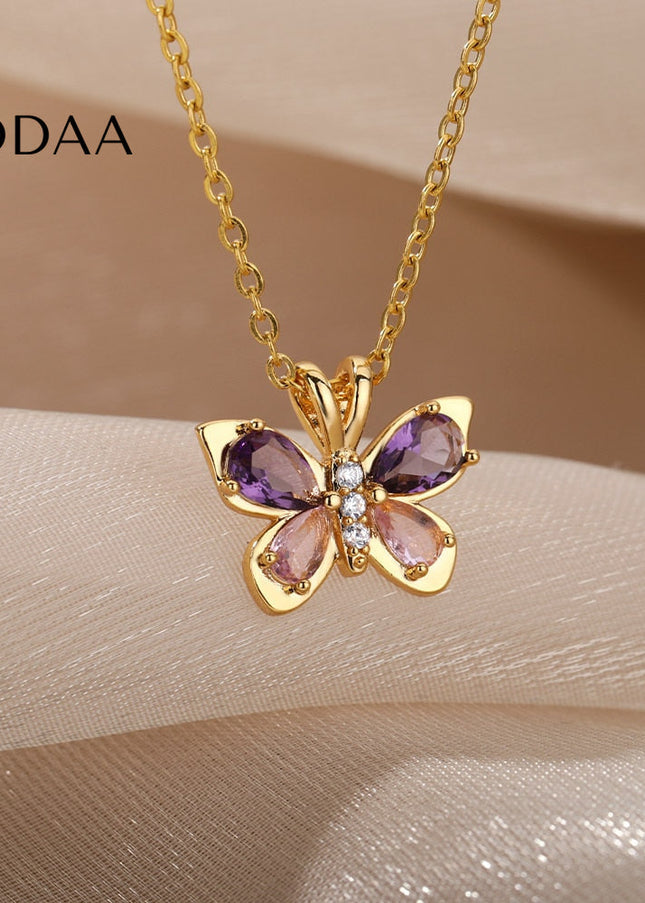 Valentine Pendant Necklace | Gold Purple Stone Butterfly Chain - Gold - Necklaces