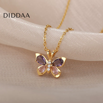 Valentine Pendant Necklace | Gold Purple Stone Butterfly Chain - Necklaces