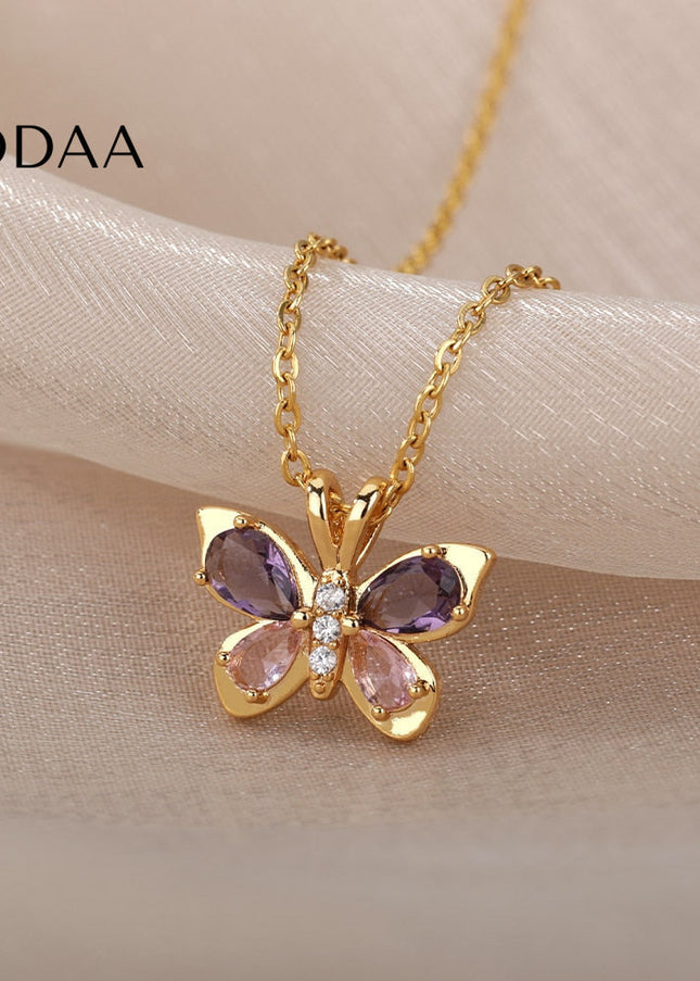 Valentine Pendant Necklace | Gold Purple Stone Butterfly Chain - Necklaces