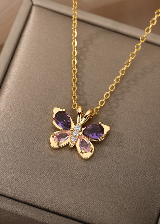 Valentine Pendant Necklace | Gold Purple Stone Butterfly Chain - Necklaces
