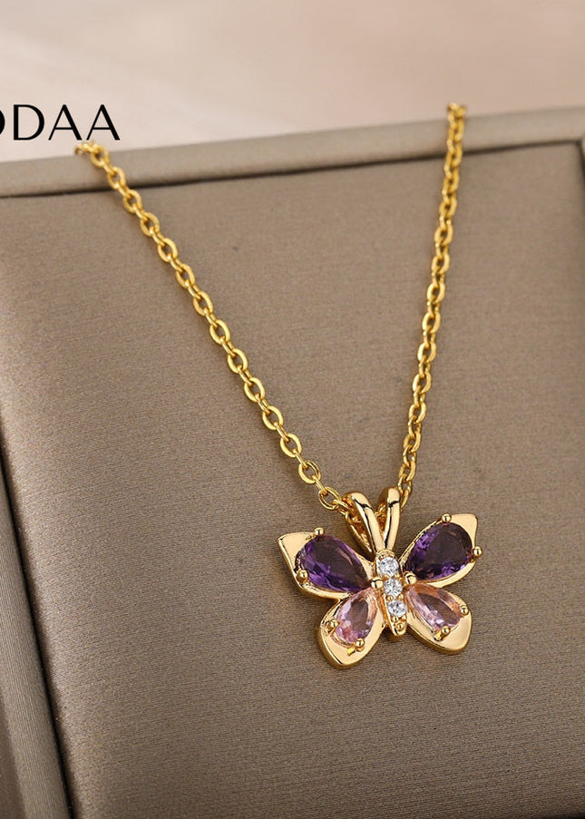 Valentine Pendant Necklace | Gold Purple Stone Butterfly Chain - Necklaces
