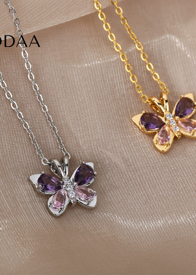 Valentine Pendant Necklace | Gold Purple Stone Butterfly Chain - Silver - Necklaces