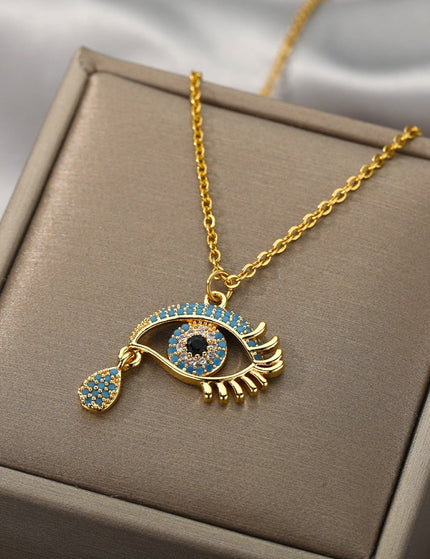 Vanche Pendant Necklace | Gold Blue Zirconia Evil Eye Chain - Gold - Necklaces