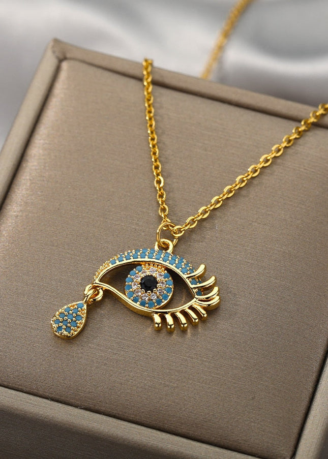 Vanche Pendant Necklace | Gold Blue Zirconia Evil Eye Chain - Gold - Necklaces