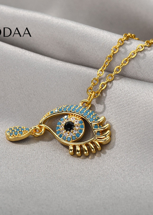 Vanche Pendant Necklace | Gold Blue Zirconia Evil Eye Chain - Necklaces