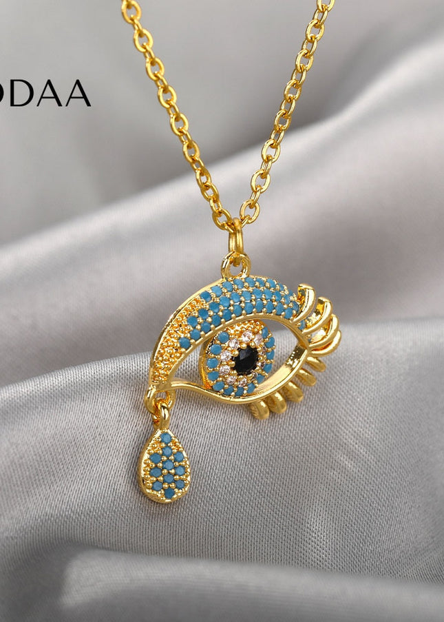 Vanche Pendant Necklace | Gold Blue Zirconia Evil Eye Chain - Necklaces