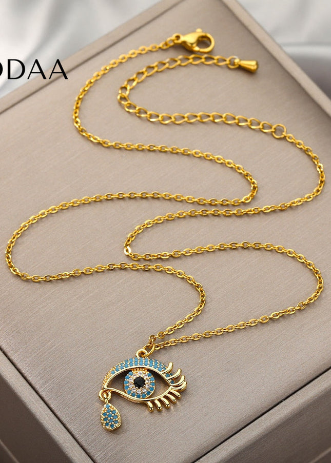 Vanche Pendant Necklace | Gold Blue Zirconia Evil Eye Chain - Necklaces