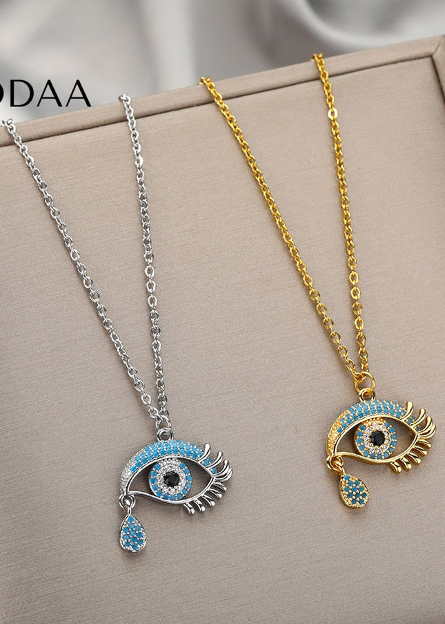 Vanche Pendant Necklace | Gold Blue Zirconia Evil Eye Chain - Silver - Necklaces
