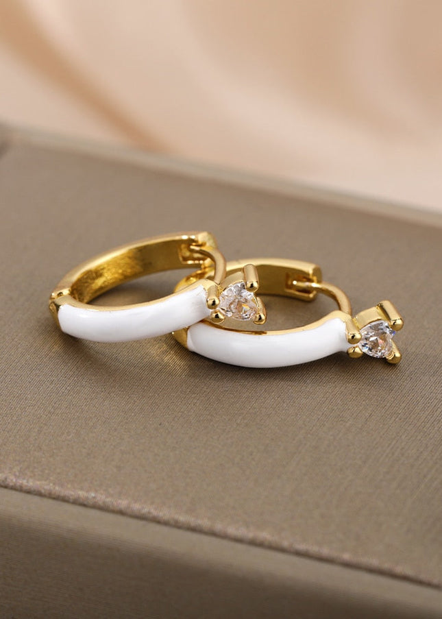 Velvet Earrings | Gold White Zirconia Cute Hoop Earrings - White - Earrings