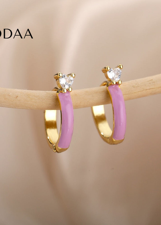 Velvet Earrings | Gold White Zirconia Cute Hoop Earrings - Earrings