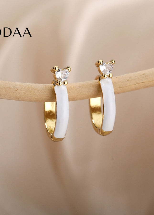 Velvet Earrings | Gold White Zirconia Cute Hoop Earrings - Earrings