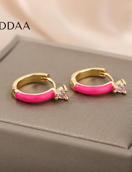 Velvet Earrings | Gold White Zirconia Cute Hoop Earrings - Pink - Earrings