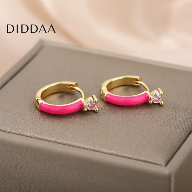 Velvet Earrings | Gold White Zirconia Cute Hoop Earrings - Pink - Earrings