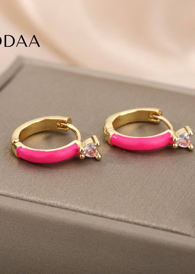 Velvet Earrings | Gold White Zirconia Cute Hoop Earrings - Pink - Earrings