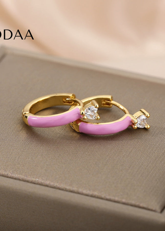 Velvet Earrings | Gold White Zirconia Cute Hoop Earrings - Purple - Earrings