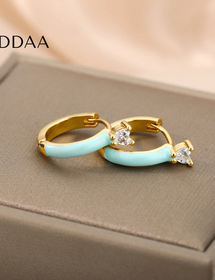 Velvet Earrings | Gold White Zirconia Cute Hoop Earrings - Teal - Earrings