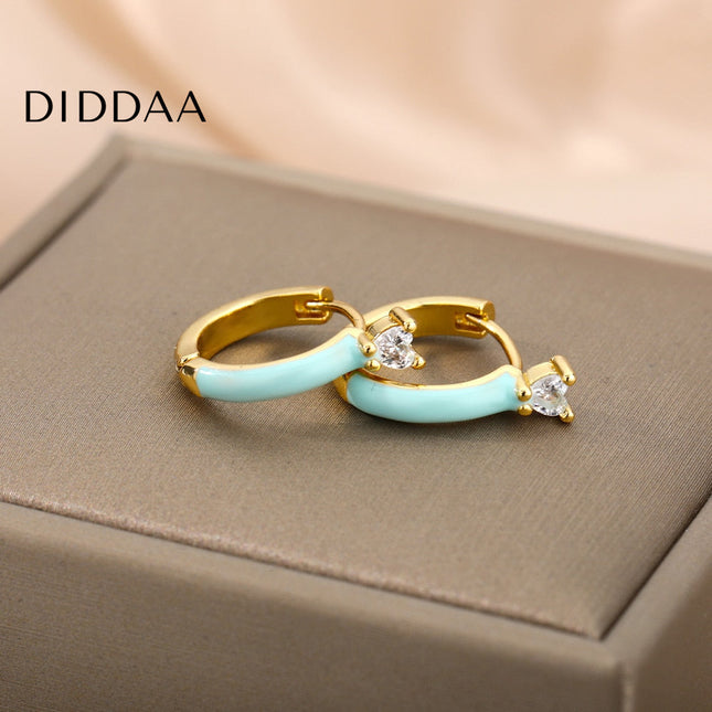 Velvet Earrings | Gold White Zirconia Cute Hoop Earrings - Teal - Earrings