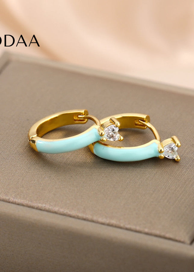 Velvet Earrings | Gold White Zirconia Cute Hoop Earrings - Teal - Earrings