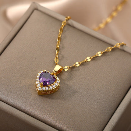 Velvet Pendant Necklace | Gold Small Purple Stone Zirconia Heart Chain - Gold - Necklaces