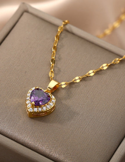 Velvet Pendant Necklace | Gold Small Purple Stone Zirconia Heart Chain - Gold - Necklaces