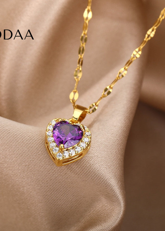 Velvet Pendant Necklace | Gold Small Purple Stone Zirconia Heart Chain - Gold - Necklaces