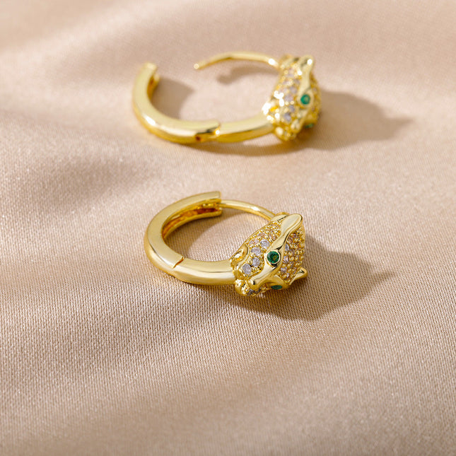 SOUVOIR 14K Gold Plated, Zirconia Earrings Verde Earrings | Gold Zirconia Panther Animal Hoop Earrings