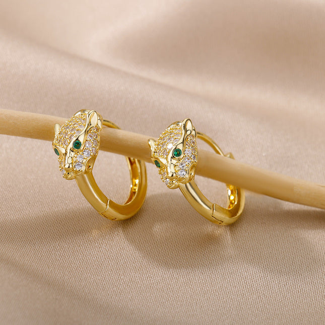 SOUVOIR 14K Gold Plated, Zirconia Earrings Verde Earrings | Gold Zirconia Panther Animal Hoop Earrings