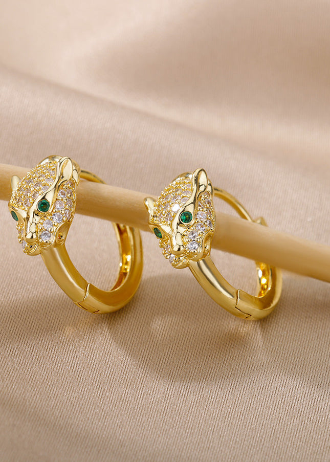 SOUVOIR 14K Gold Plated, Zirconia Earrings Verde Earrings | Gold Zirconia Panther Animal Hoop Earrings