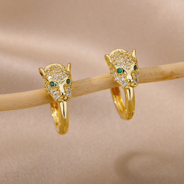 SOUVOIR Gold 14K Gold Plated, Zirconia Earrings Verde Earrings | Gold Zirconia Panther Animal Hoop Earrings