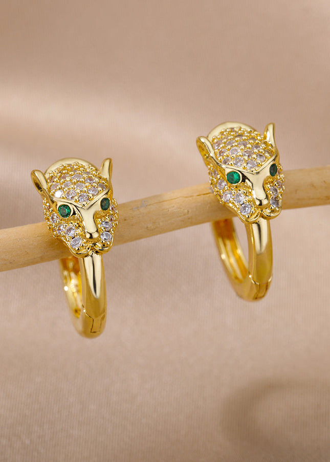 SOUVOIR Gold 14K Gold Plated, Zirconia Earrings Verde Earrings | Gold Zirconia Panther Animal Hoop Earrings