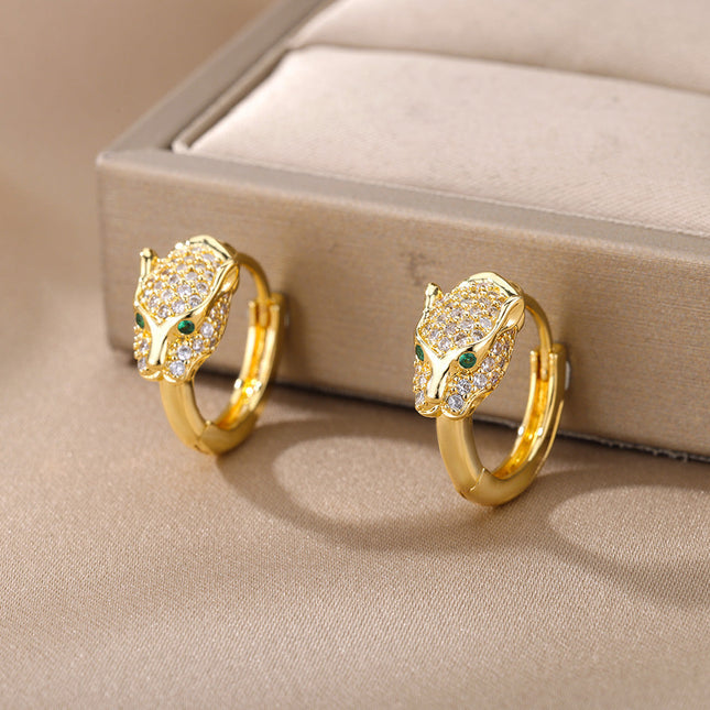 SOUVOIR 14K Gold Plated, Zirconia Earrings Verde Earrings | Gold Zirconia Panther Animal Hoop Earrings
