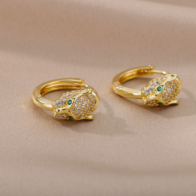 SOUVOIR 14K Gold Plated, Zirconia Earrings Verde Earrings | Gold Zirconia Panther Animal Hoop Earrings