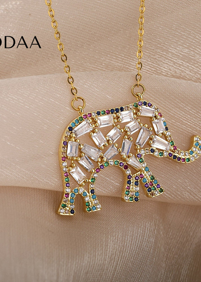 Vianda Pendant Necklace | Gold Colorful Zirconia Elephant - Necklaces