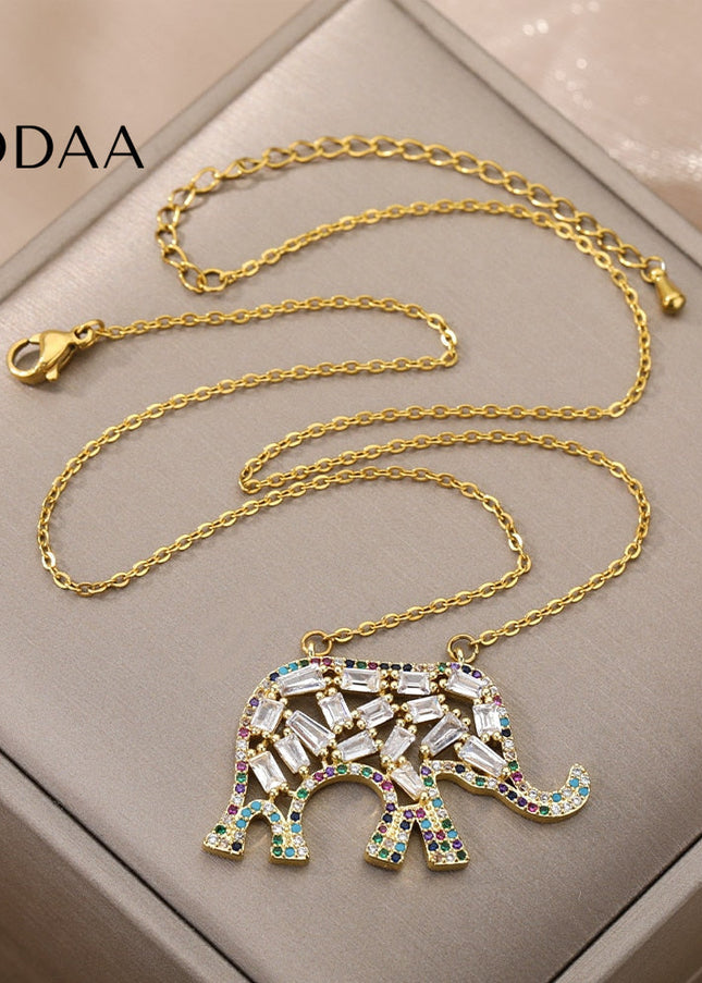 Vianda Pendant Necklace | Gold Colorful Zirconia Elephant - Necklaces