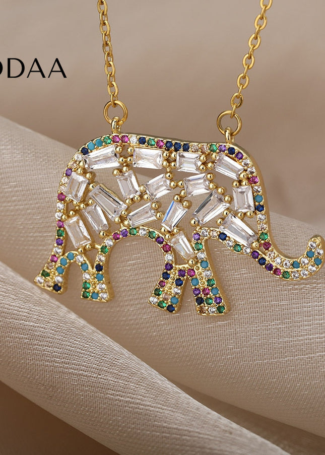 Vianda Pendant Necklace | Gold Colorful Zirconia Elephant - Necklaces