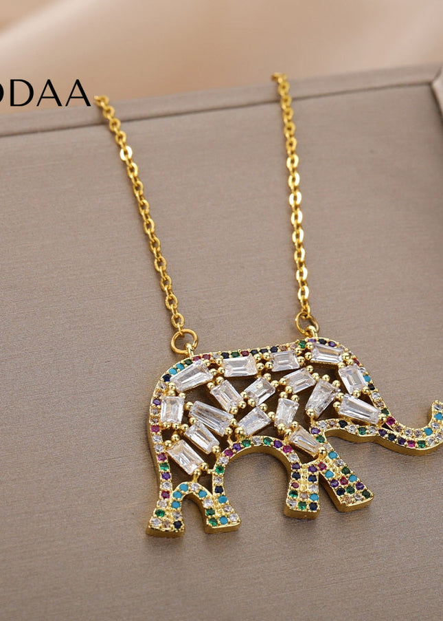 Vianda Pendant Necklace | Gold Colorful Zirconia Elephant - Necklaces