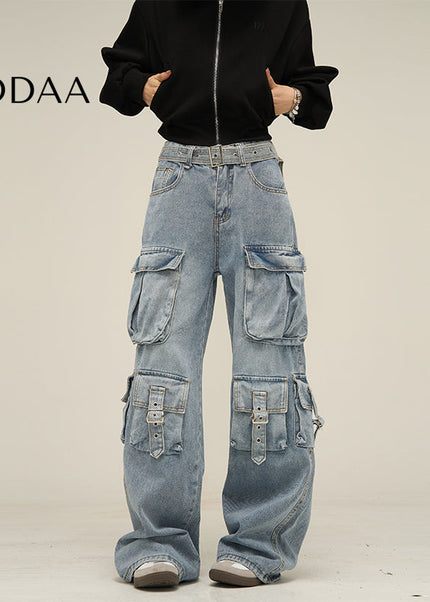 Vintage Blue Multi-Pocket Cargo Jeans for Men - S / Mid Blue - Women’s Jeans