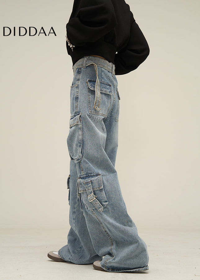 Vintage Blue Multi-Pocket Cargo Jeans for Men - Women’s Jeans