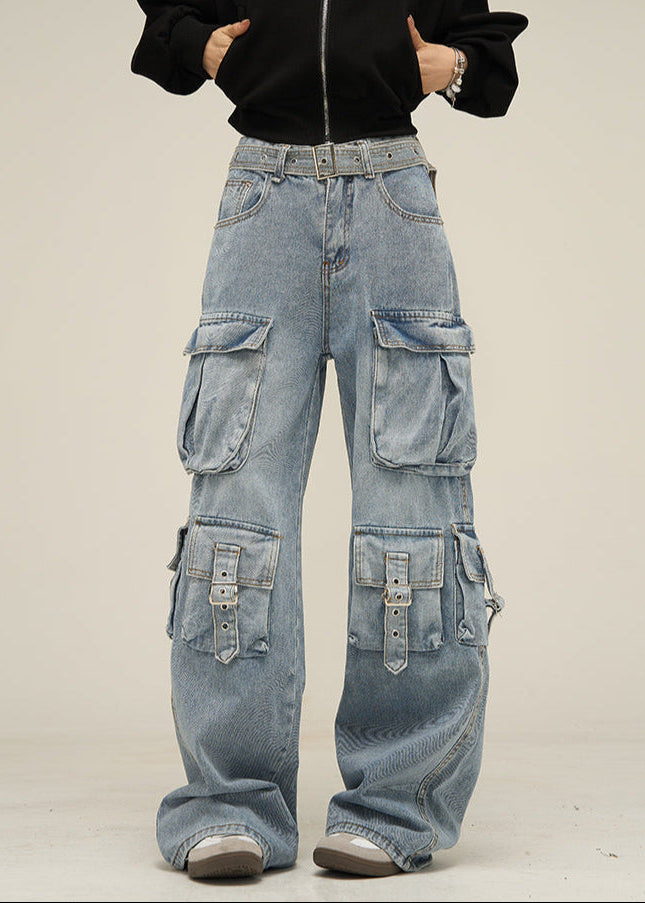 Vintage Blue Multi-Pocket Cargo Jeans for Men - Women’s Jeans