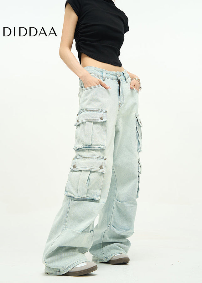 Vintage Blue Multi-Pocket Wide-Leg Cargo Jeans - Women’s Jeans