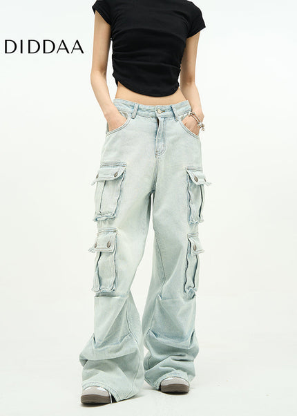 Vintage Blue Multi-Pocket Wide-Leg Cargo Jeans - Women’s Jeans