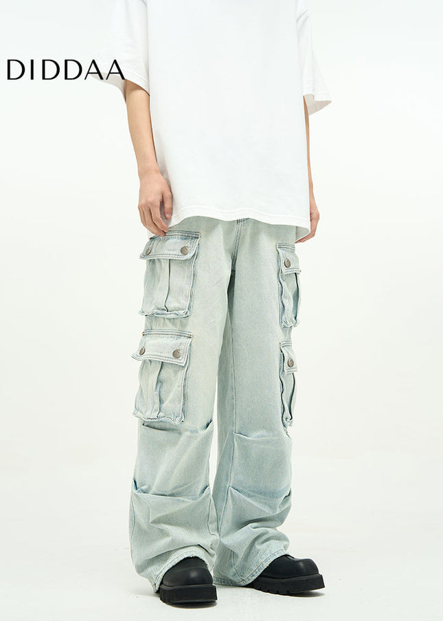 Vintage Blue Multi-Pocket Wide-Leg Cargo Jeans - Women’s Jeans