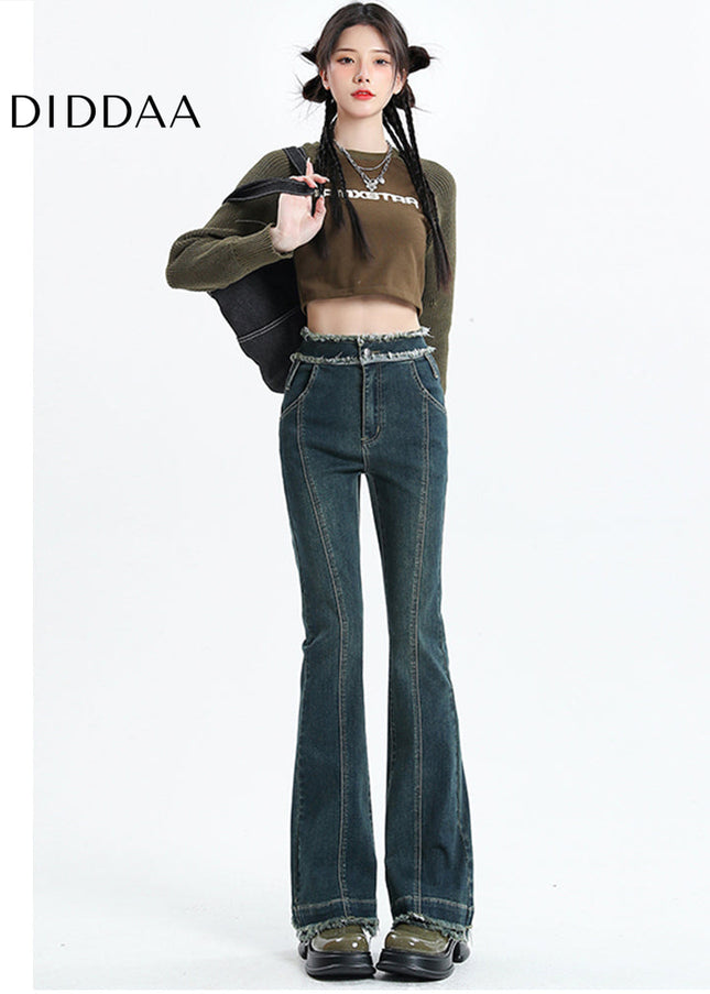 Vintage Blue Raw Edge Micro Flared Jeans for Women - Women’s Jeans