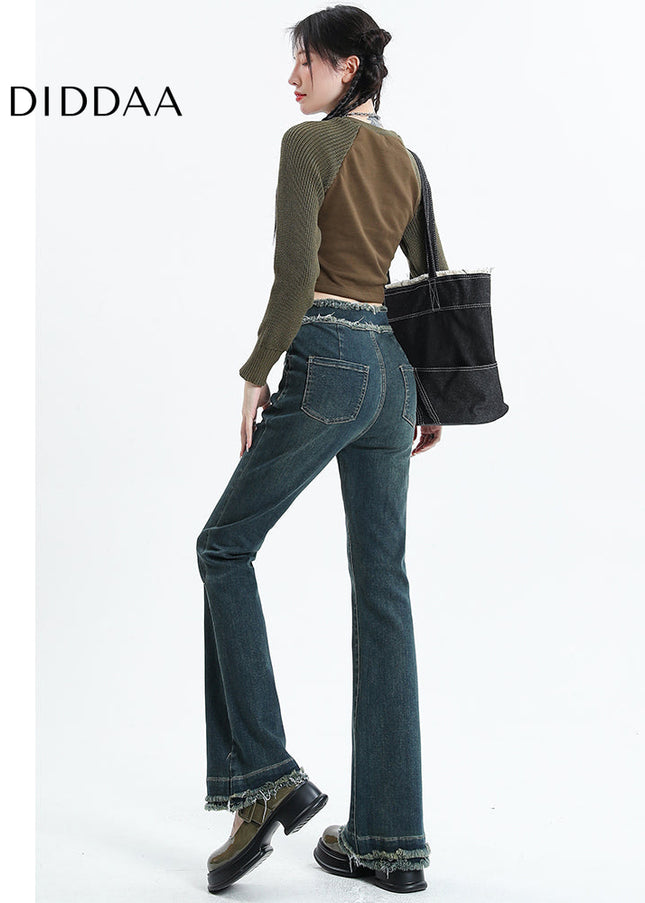 Vintage Blue Raw Edge Micro Flared Jeans for Women - Women’s Jeans