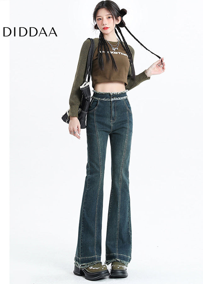 Vintage Blue Raw Edge Micro Flared Jeans for Women - Women’s Jeans