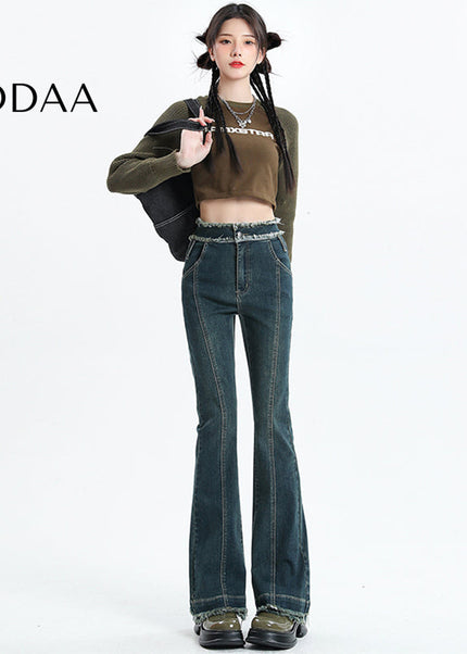 Vintage Blue Raw Edge Micro Flared Jeans for Women - Women’s Jeans