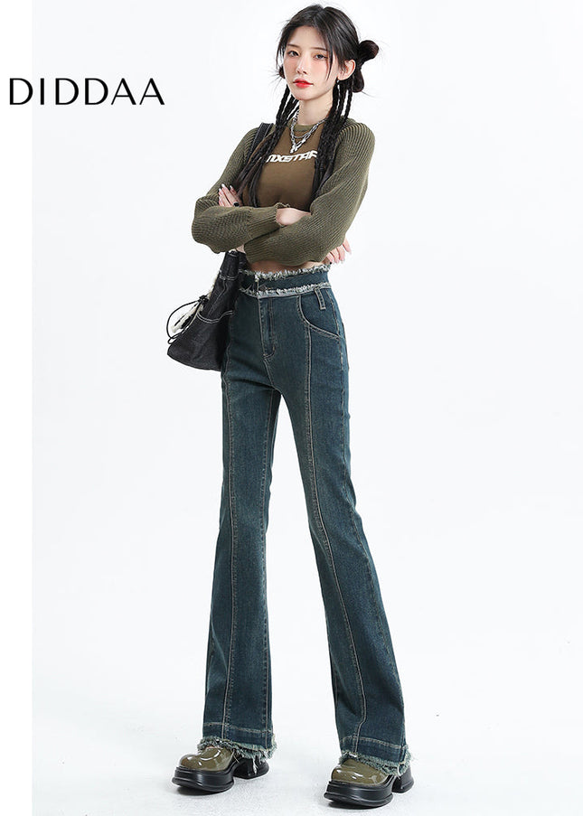 Vintage Blue Raw Edge Micro Flared Jeans for Women - Women’s Jeans
